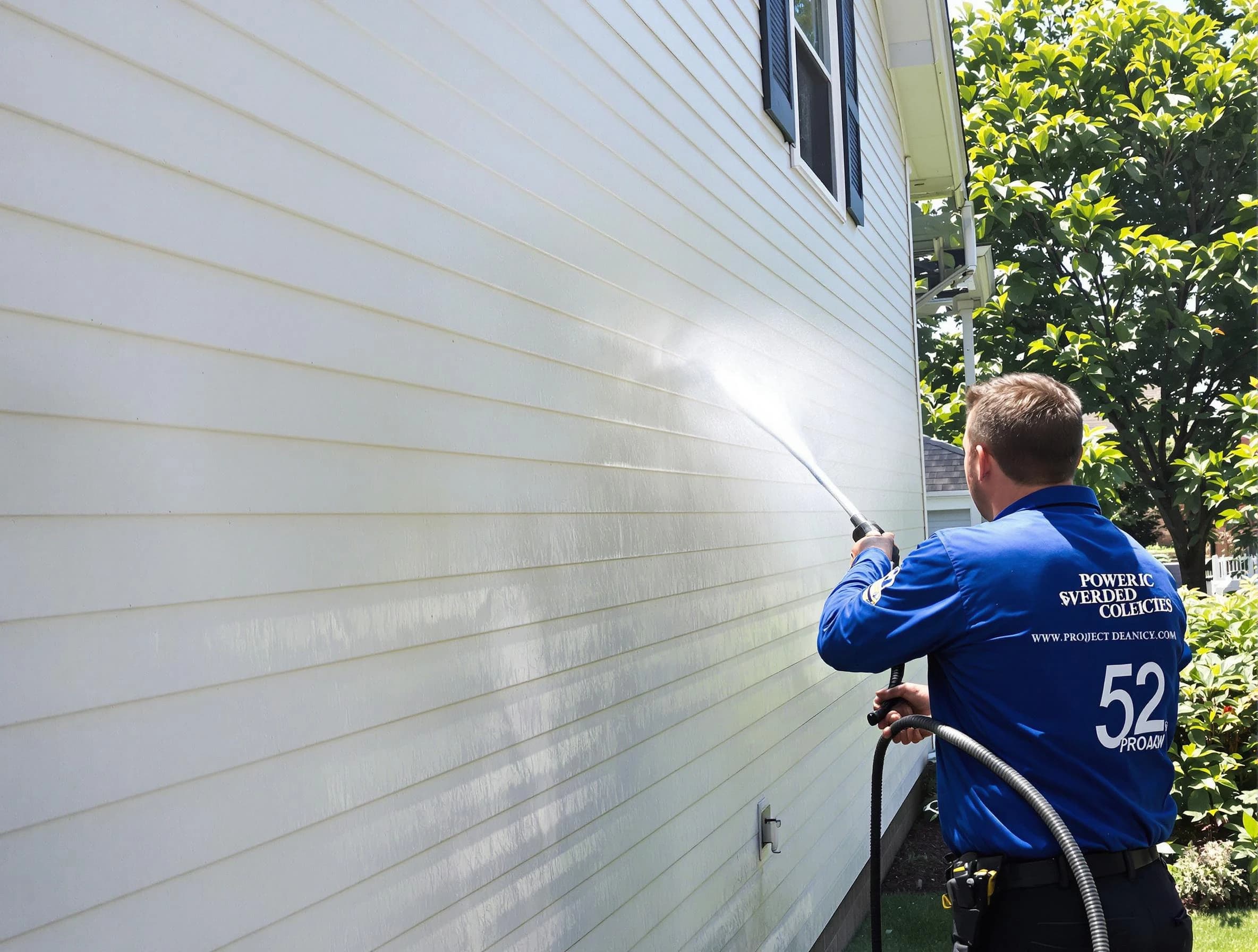 A Green Power Washing technician power washing a home in Green