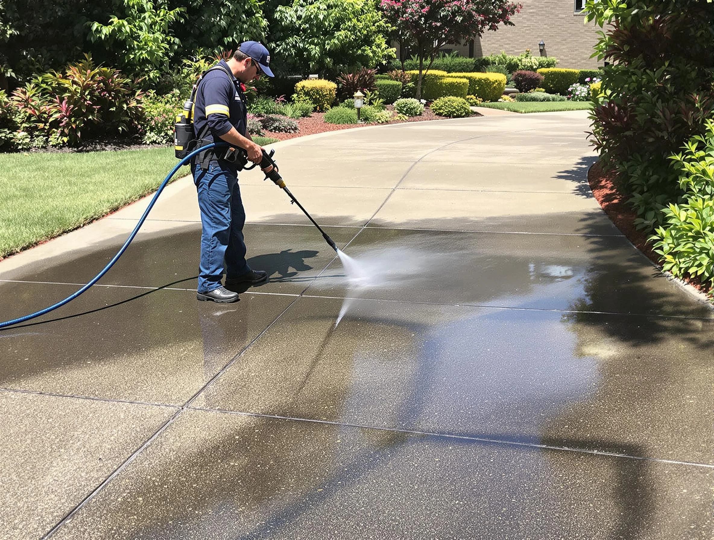 Experienced Green Power Washing team member pressure washing a driveway in Green