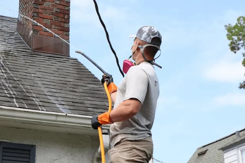 Green Power Washing professional performing gentle roof washing service in Green