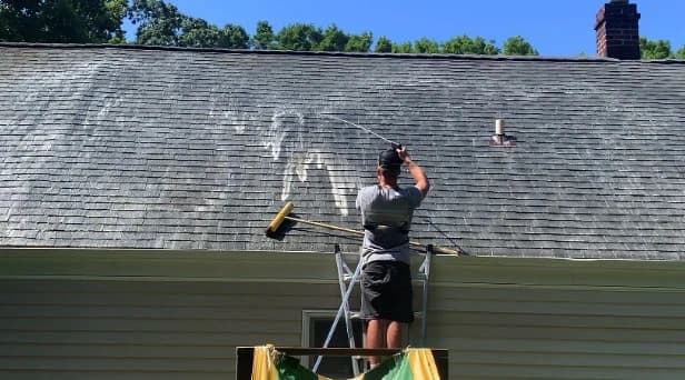 Before and after results of roof washing by Green Power Washing in Green